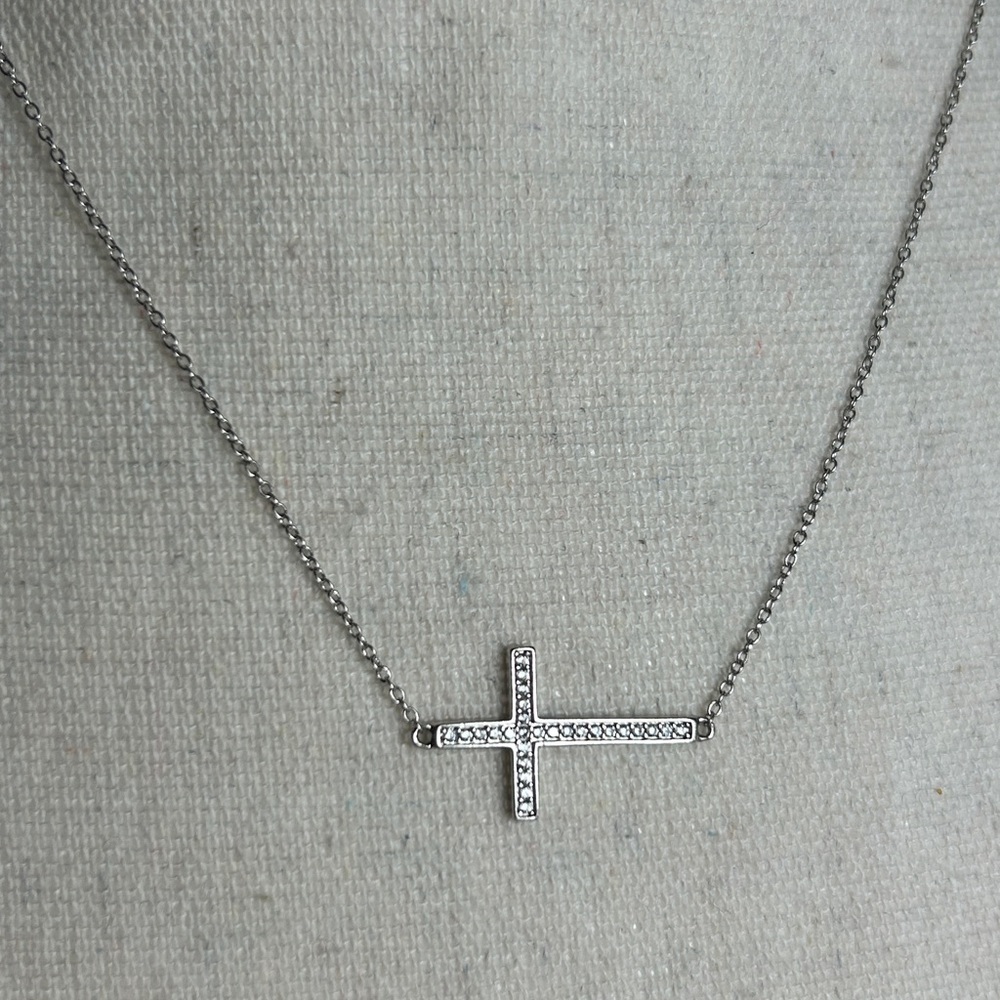 Sterling Silver Sideways Cross Necklace Dainty Clear Crystals Stamped 925 18"L - Picture 2 of 12